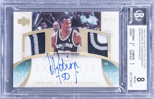 2005-06 UD "Exquisite Collection" Emblems of Endorsements #EMDR David Robinson Signed Game Used Patch Card (#13/15) - BGS NM-MT 8/BGS 10